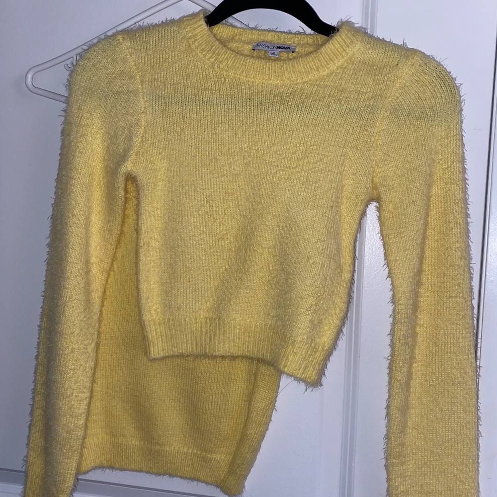 FUZZY LIGHT YELLOW SWEATER SET WITH SKIRT!